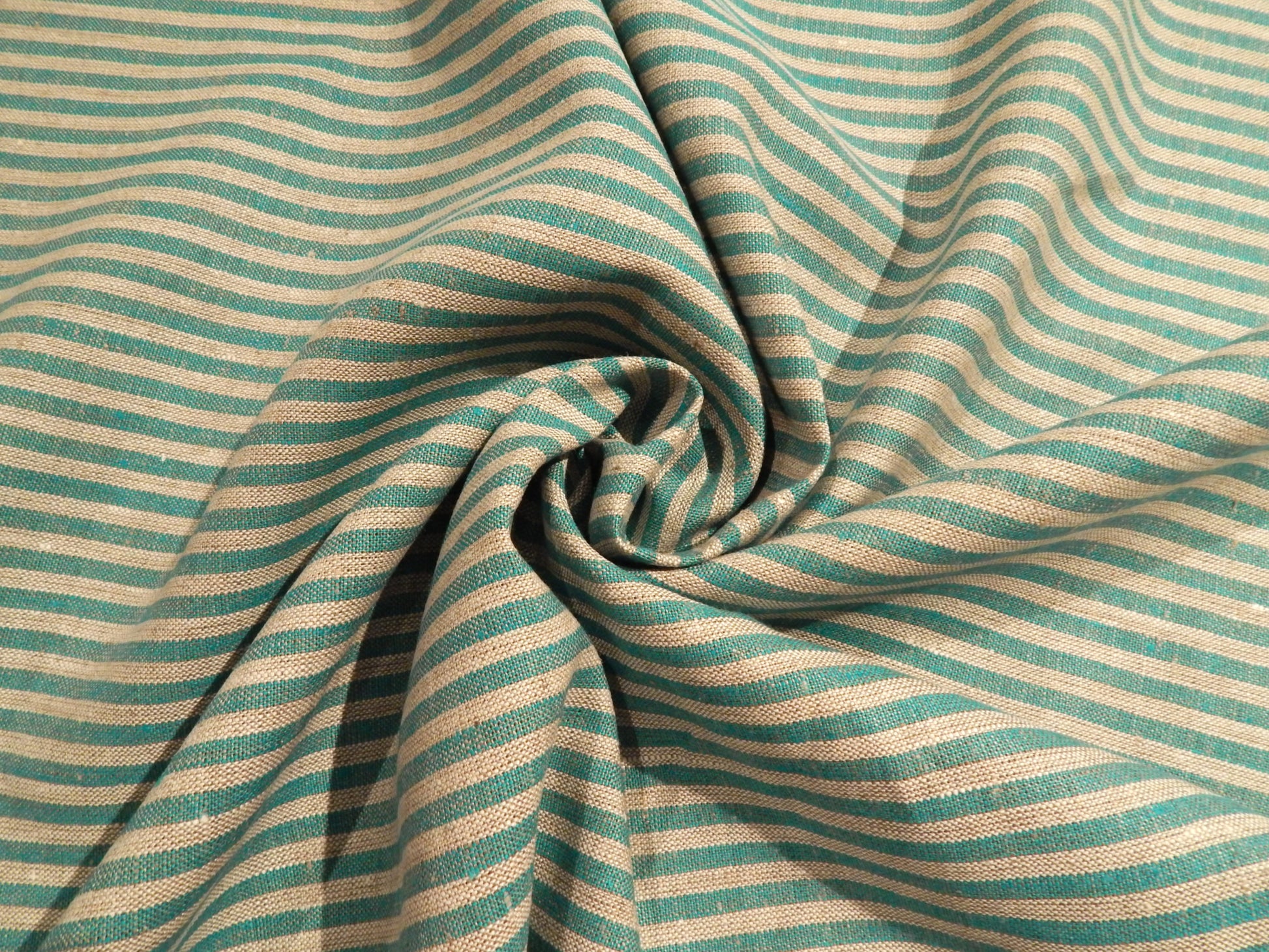 teal and tan yard dyed striped polish linen fabric