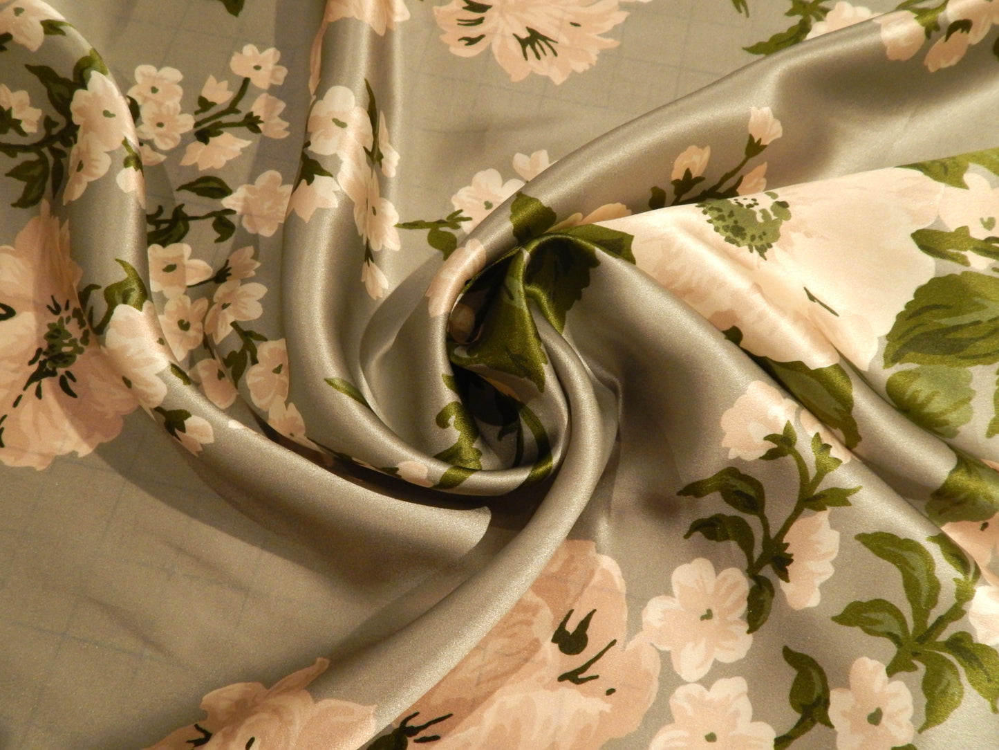 Sage and White Floral Blossom Silk Charmeuse