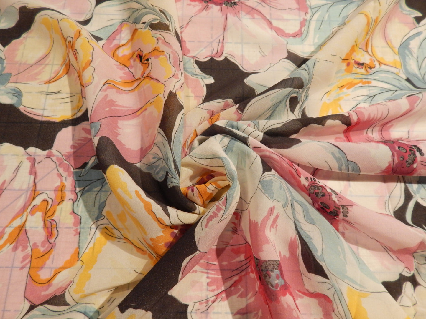 Pastel Hibiscus on Black Silk Chiffon
