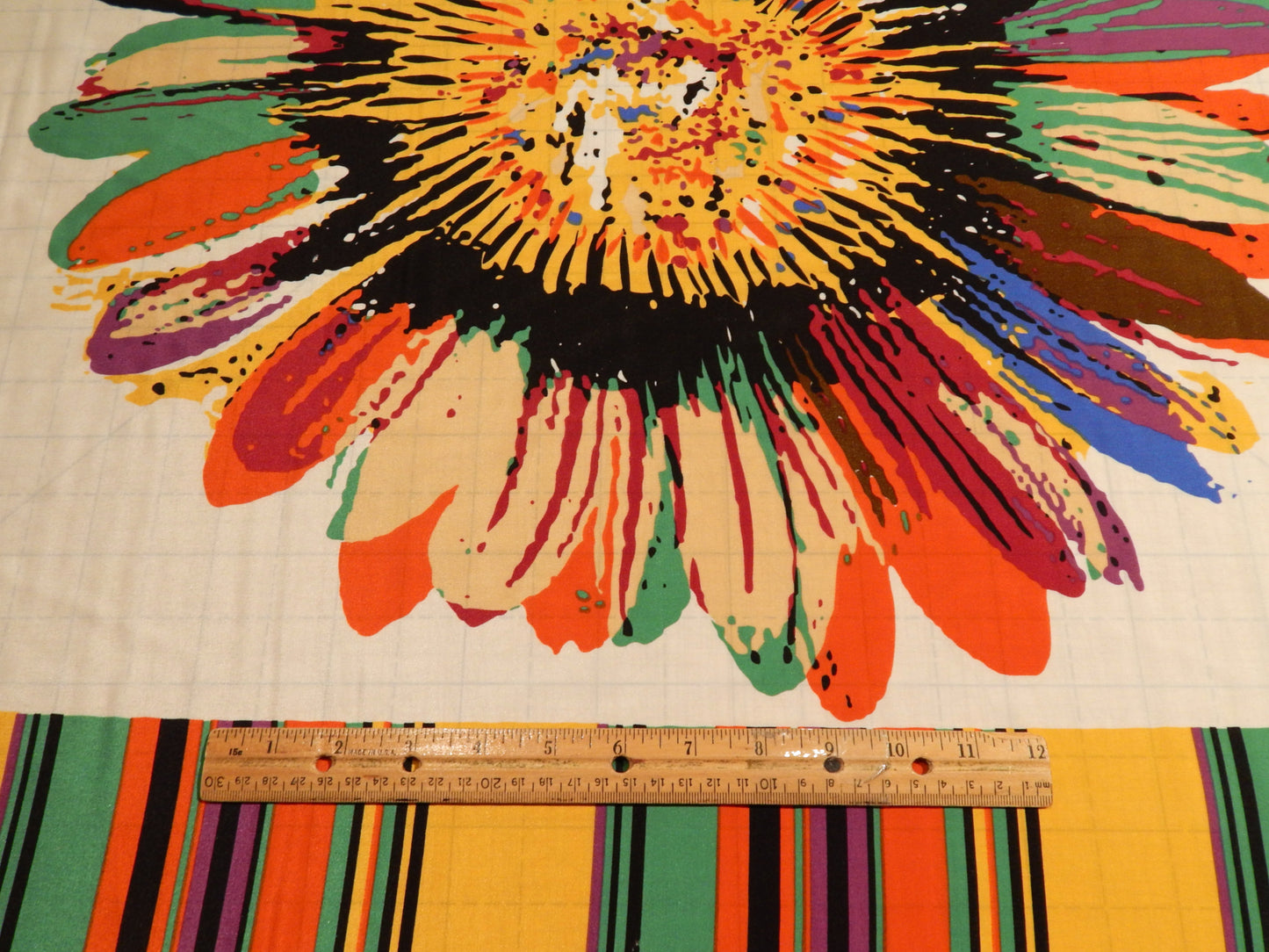 Technicolor Sunflowers Silk Satin with Border Stripe