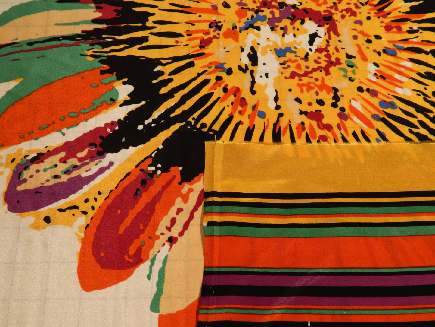 Technicolor Sunflowers Silk Satin with Border Stripe