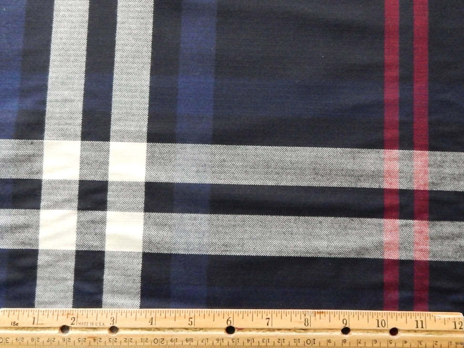 Red, white, and blue plaid striped fabric