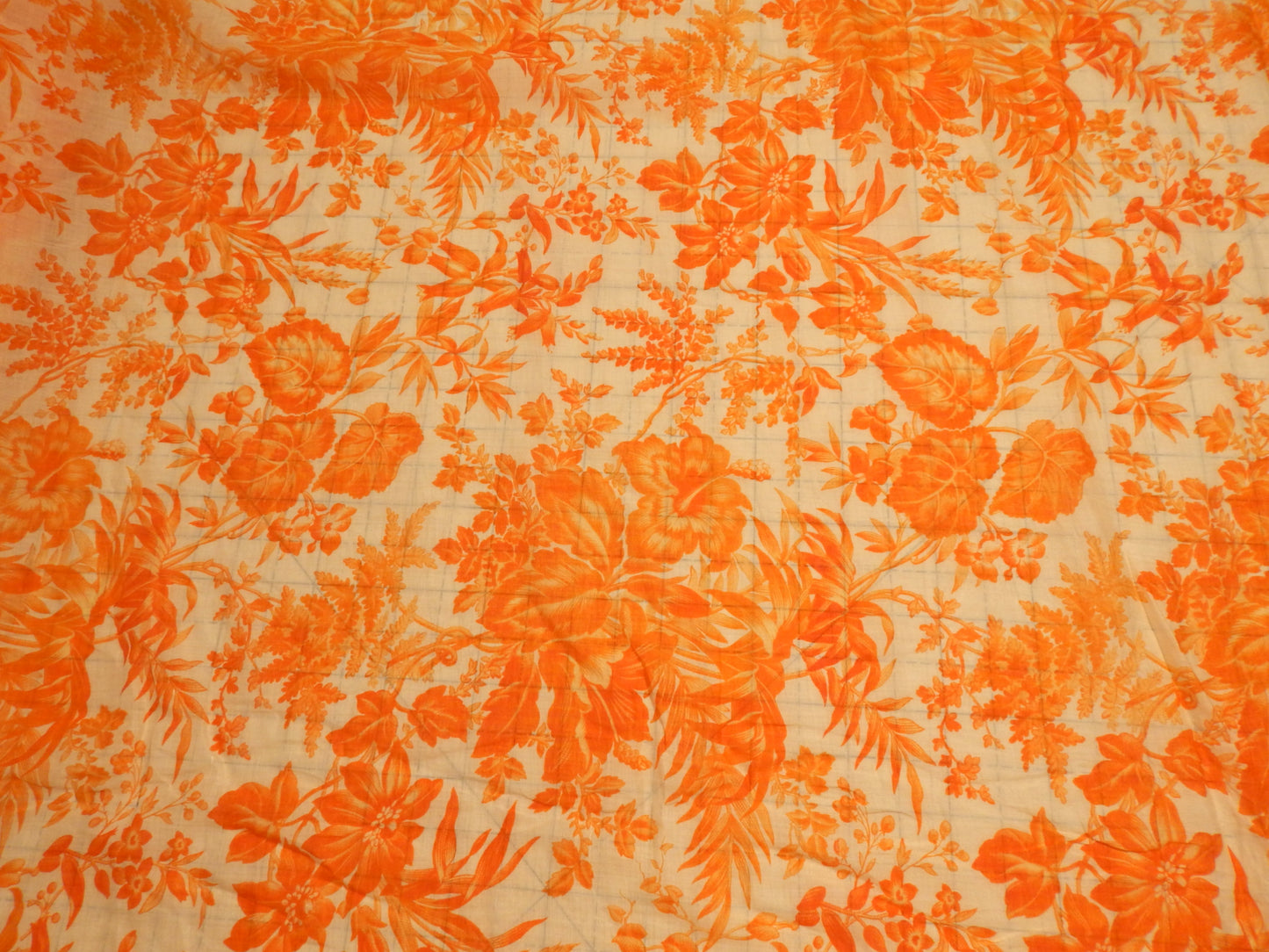 orange and white tropical floral print linen voile deadstock fabric