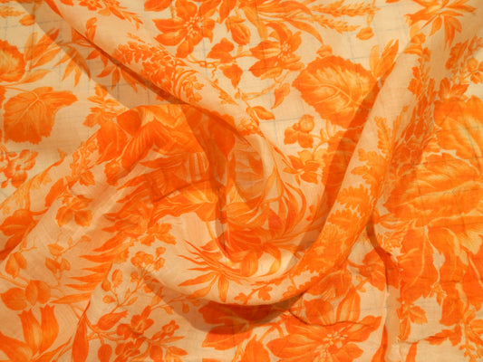 Tropical Orange Floral Print Linen Voile