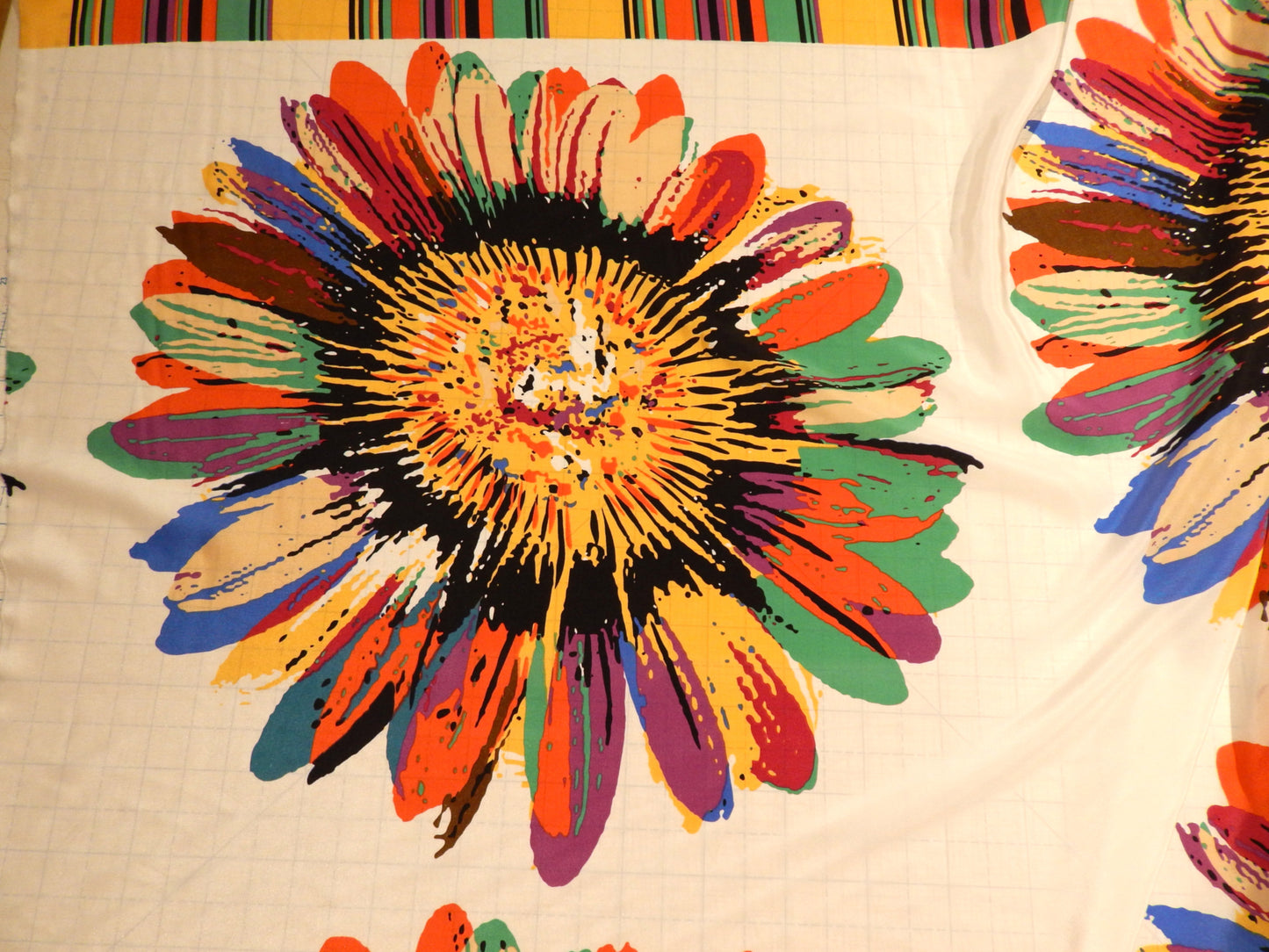 Technicolor Sunflowers Silk Satin with Border Stripe