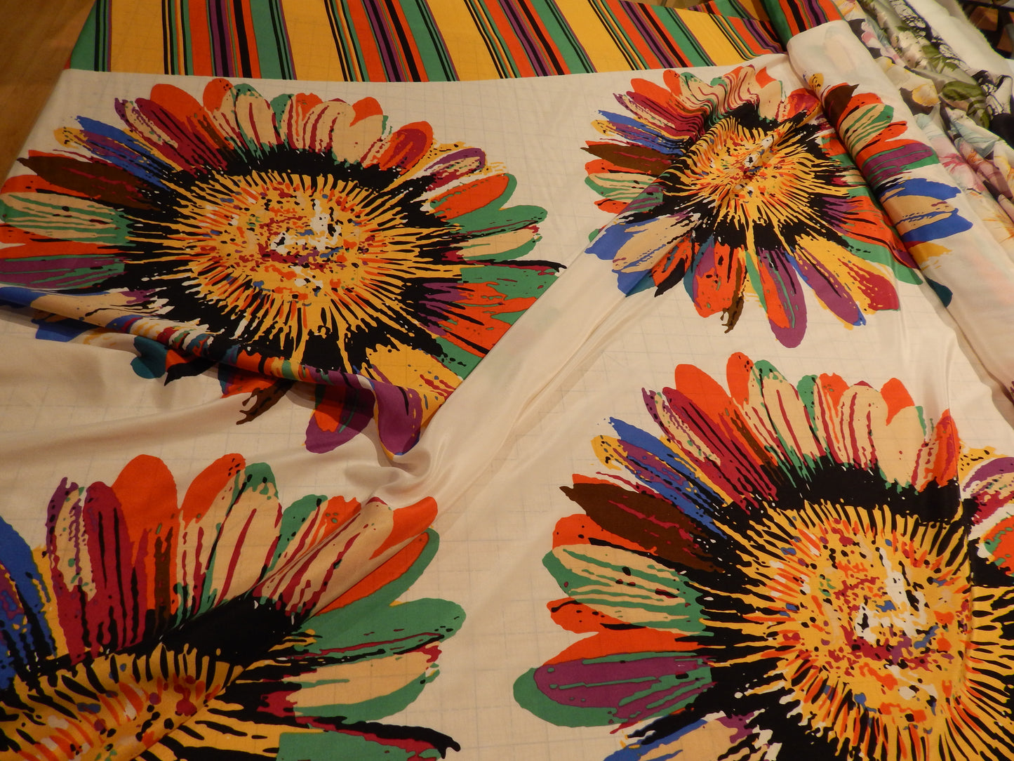 Technicolor Sunflowers Silk Satin with Border Stripe