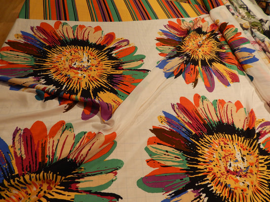 Technicolor Sunflowers Silk Satin with Border Stripe