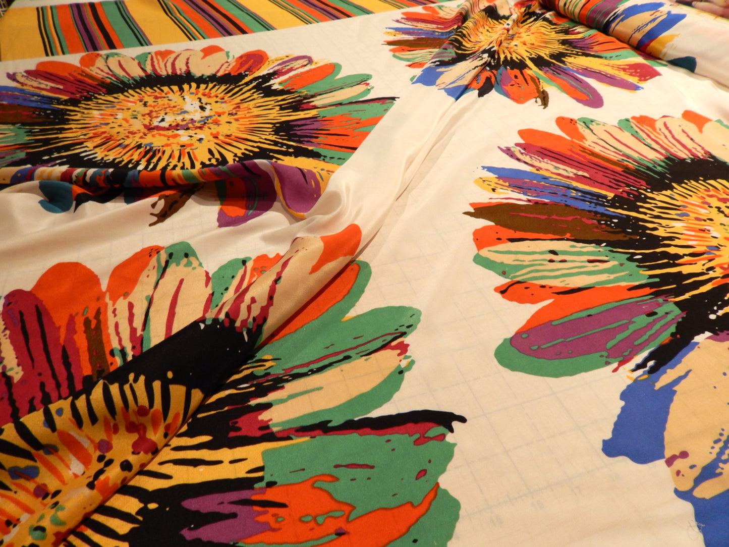 Technicolor Sunflowers Silk Satin with Border Stripe