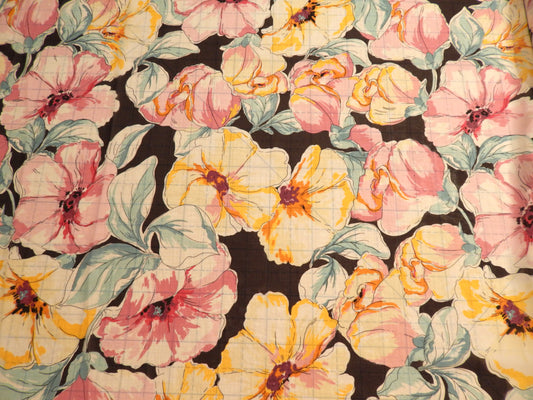Pastel Hibiscus on Black Silk Chiffon
