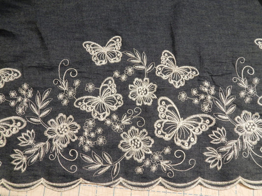 white butterfly embroidered border double scalloped denim chambray cotton deadstock fabric