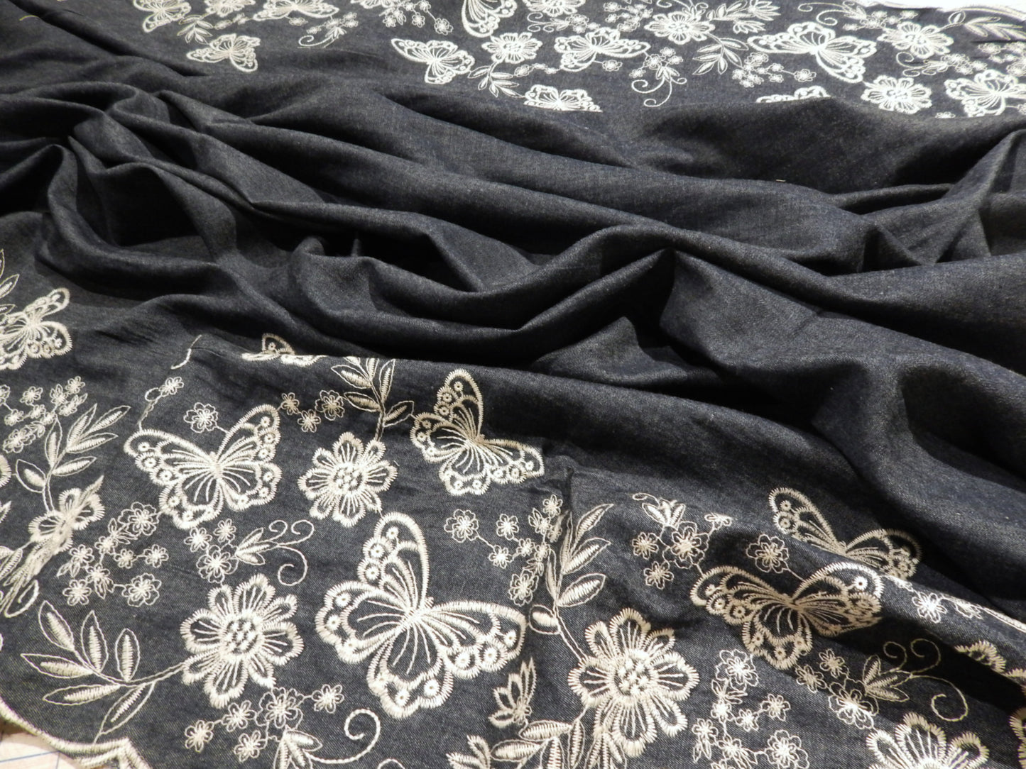 Ivory Embroidered Butterfly Scallop Denim Chambray