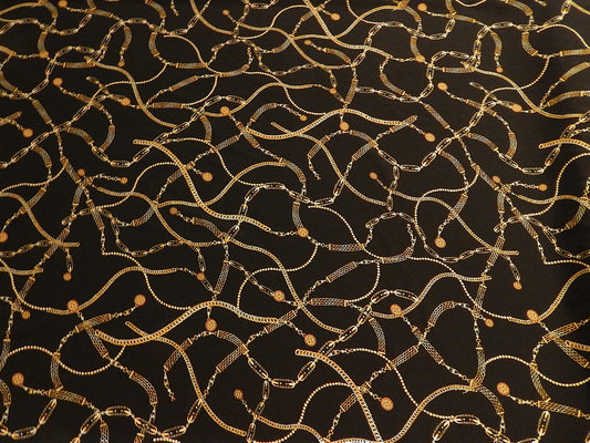 designer versace style chains print on black and gold stretch satin deadstock fabric