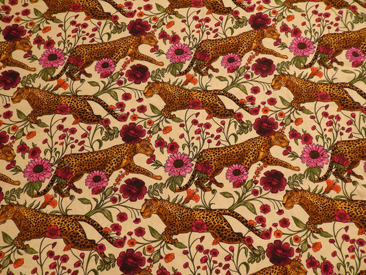 leopards in the floral jungle magenta brown taupe and black rayon challis telio fabric