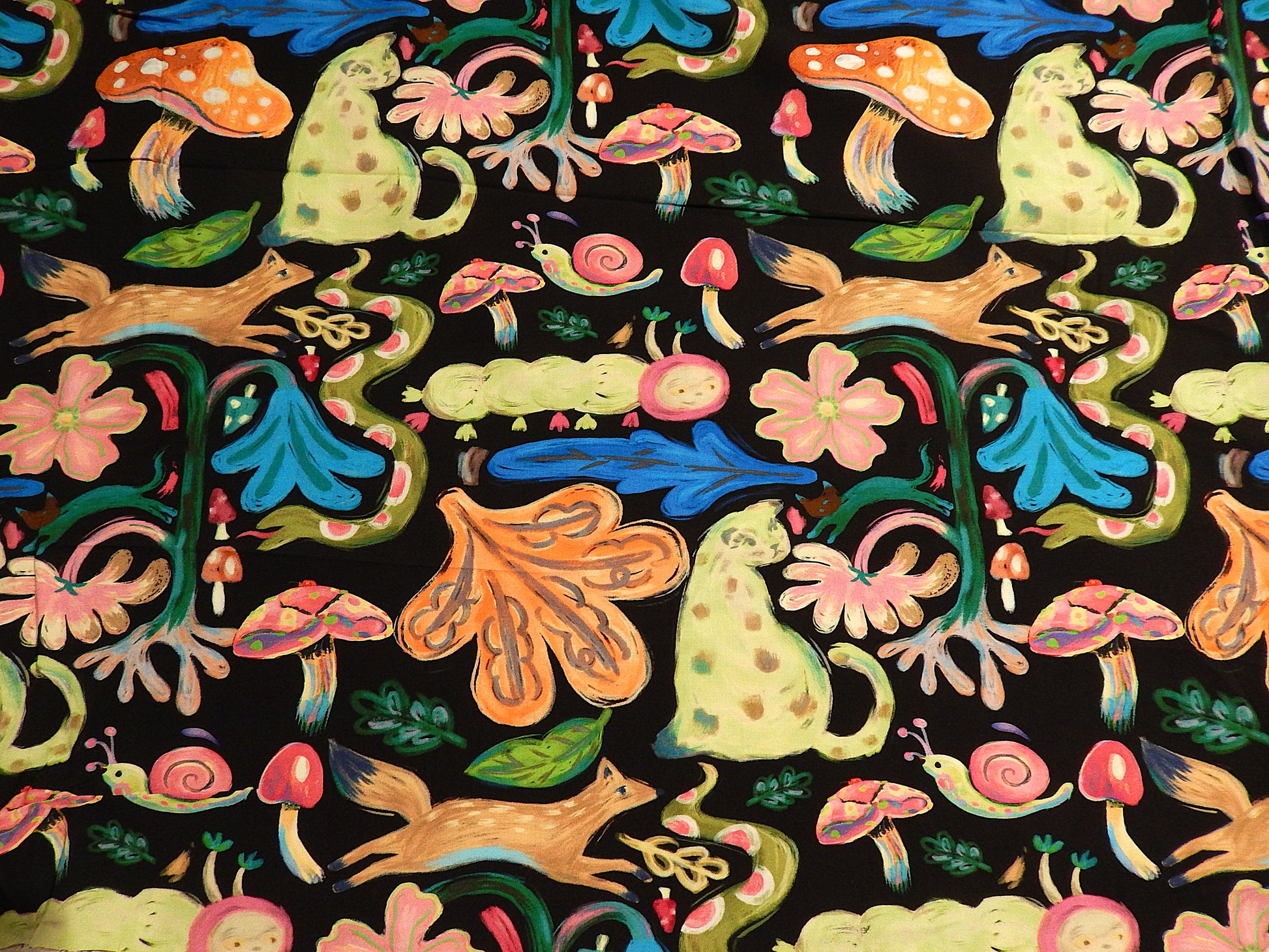 psychedelic oil pastel cat fox mushroom snake folk style green pink yellow blue and black rayon challis telio fabric