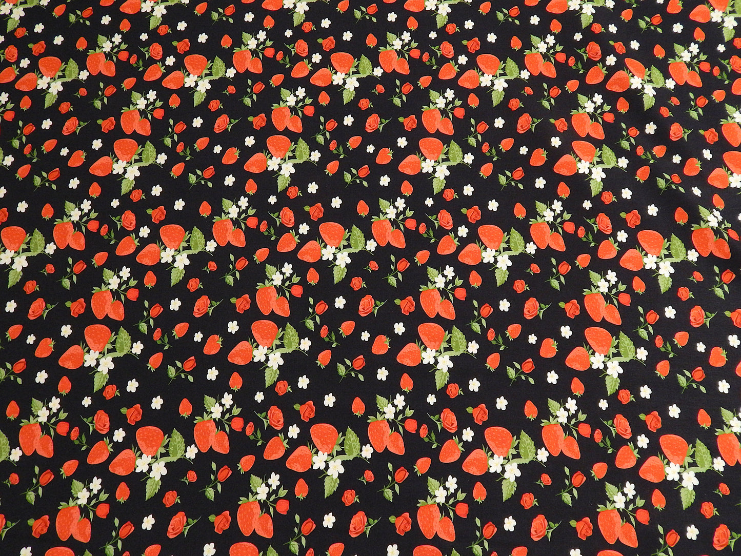 fields of strawberries navy and red rayon challis telio fabric