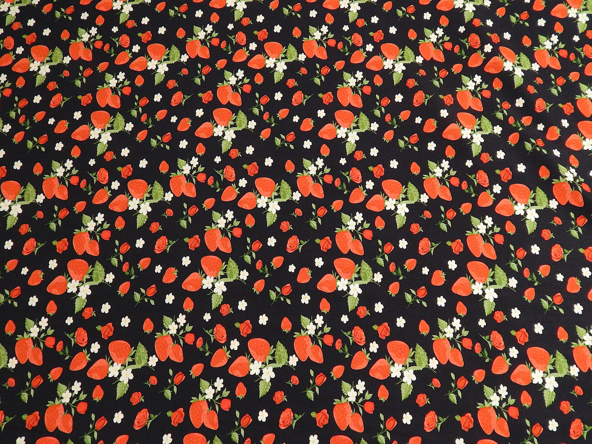 fields of strawberries navy and red rayon challis telio fabric