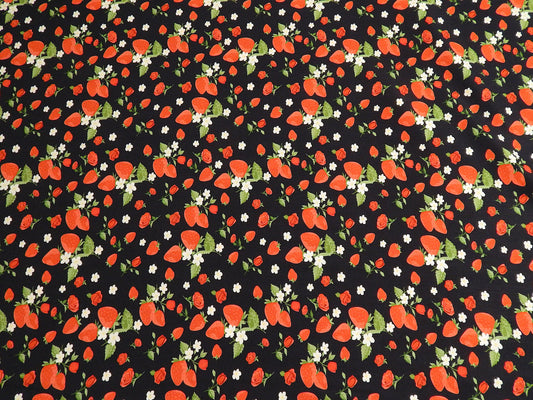 fields of strawberries navy and red rayon challis telio fabric