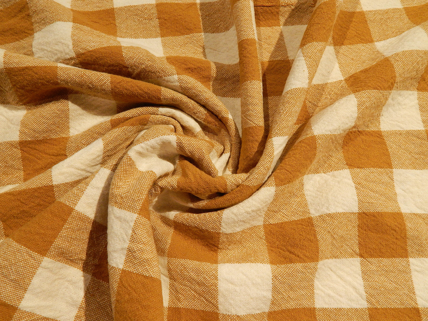 mustard yellow tan and white 100% organic cotton 1" gingham yarn dyed telio fabric