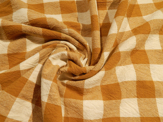 mustard yellow tan and white 100% organic cotton 1" gingham yarn dyed telio fabric