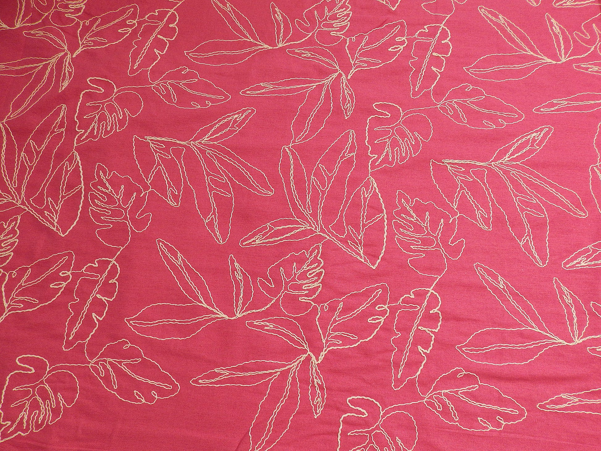 hot pink and natural monstera leaf couched linen and rayon blend telio fabric