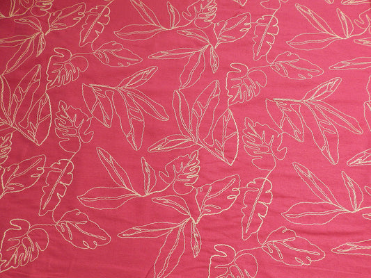 hot pink and natural monstera leaf couched linen and rayon blend telio fabric