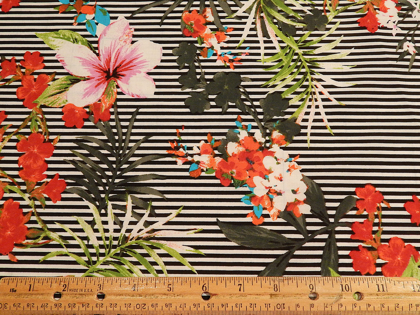 Black and White Stripe Tropical Floral Poplin