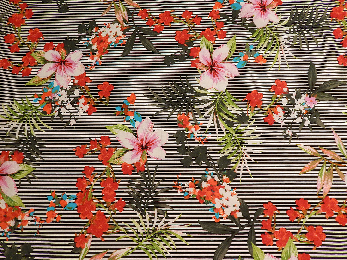 black and white stripe tropical floral cotton polyester poplin deadstock fabric