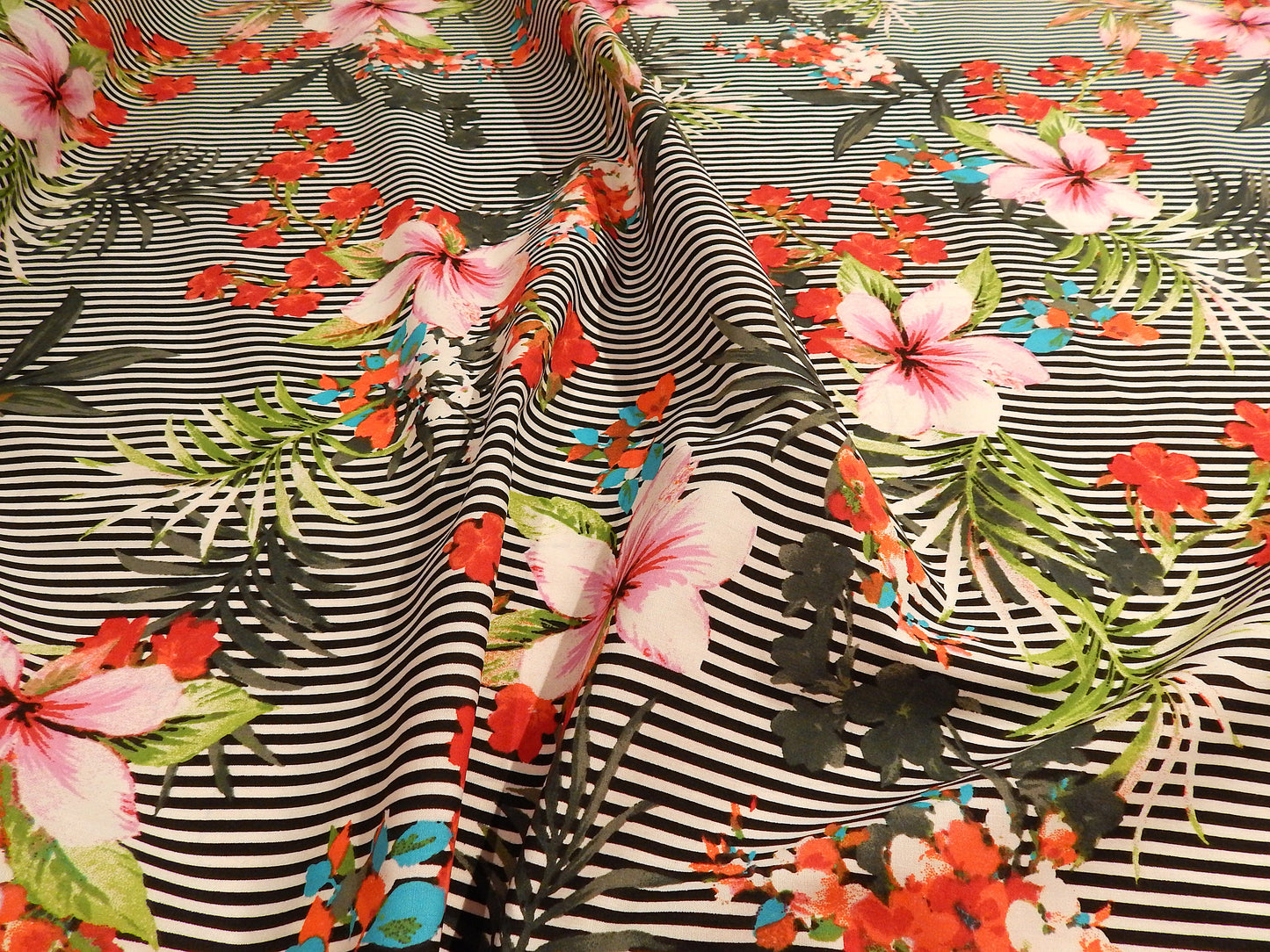 Black and White Stripe Tropical Floral Poplin