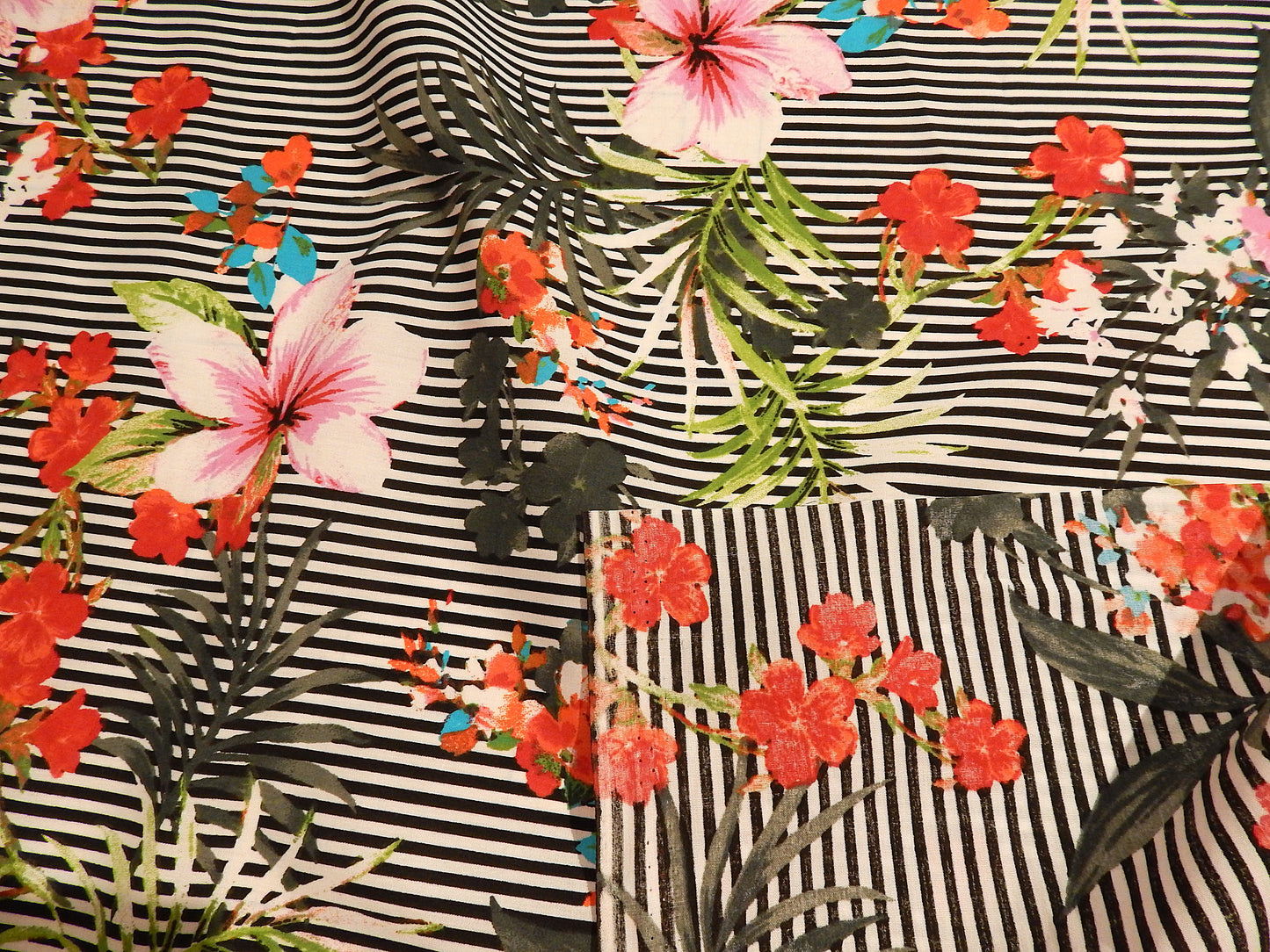 Black and White Stripe Tropical Floral Poplin