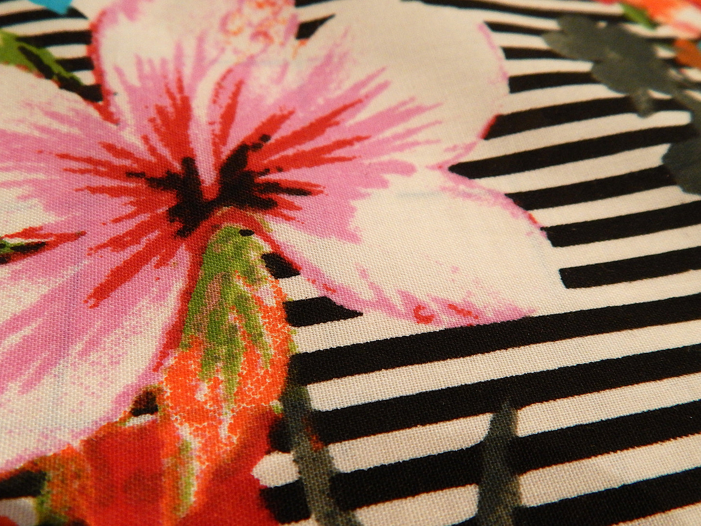 Black and White Stripe Tropical Floral Poplin