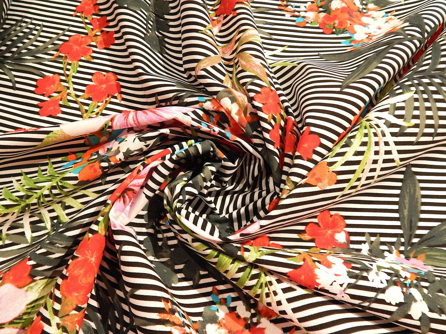 Black and White Stripe Tropical Floral Poplin