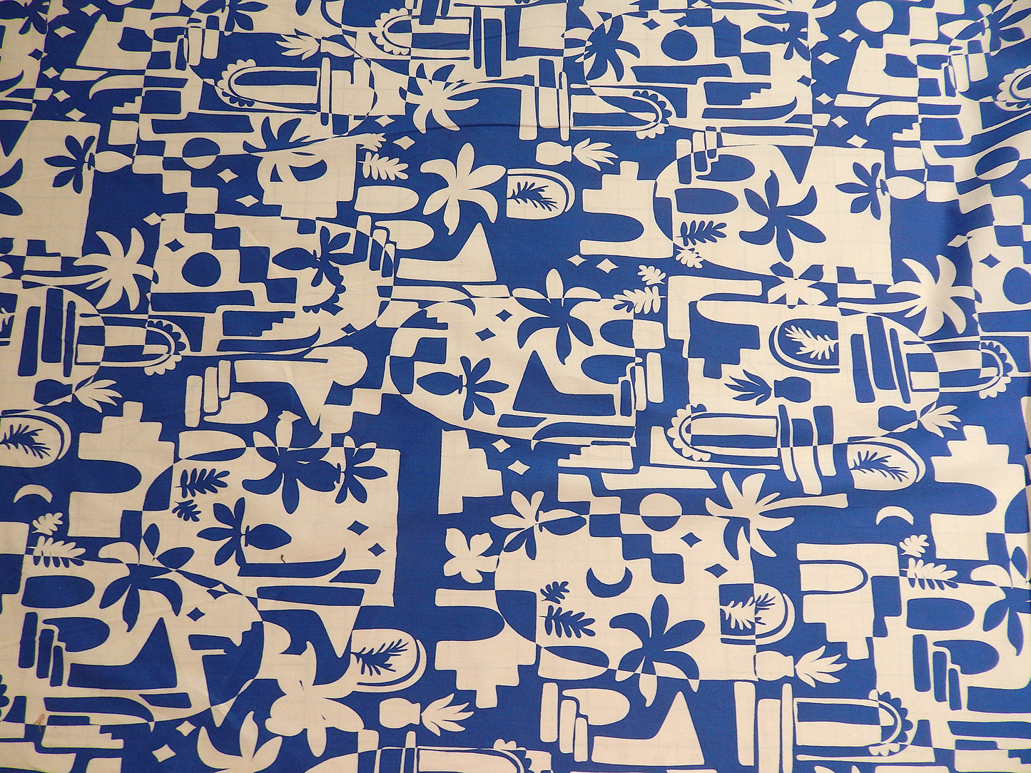 blue and white Grecian Hawaiian tropical stretch cotton deadstock fabric
