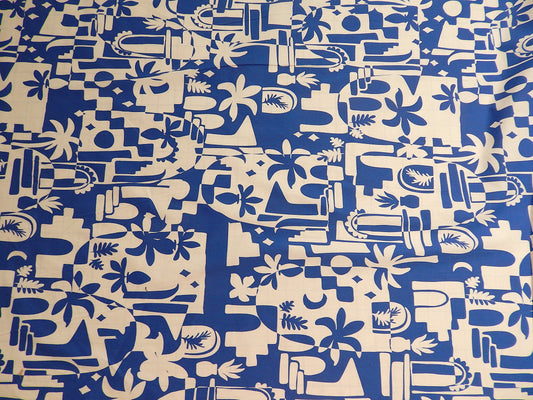 blue and white Grecian Hawaiian tropical stretch cotton deadstock fabric