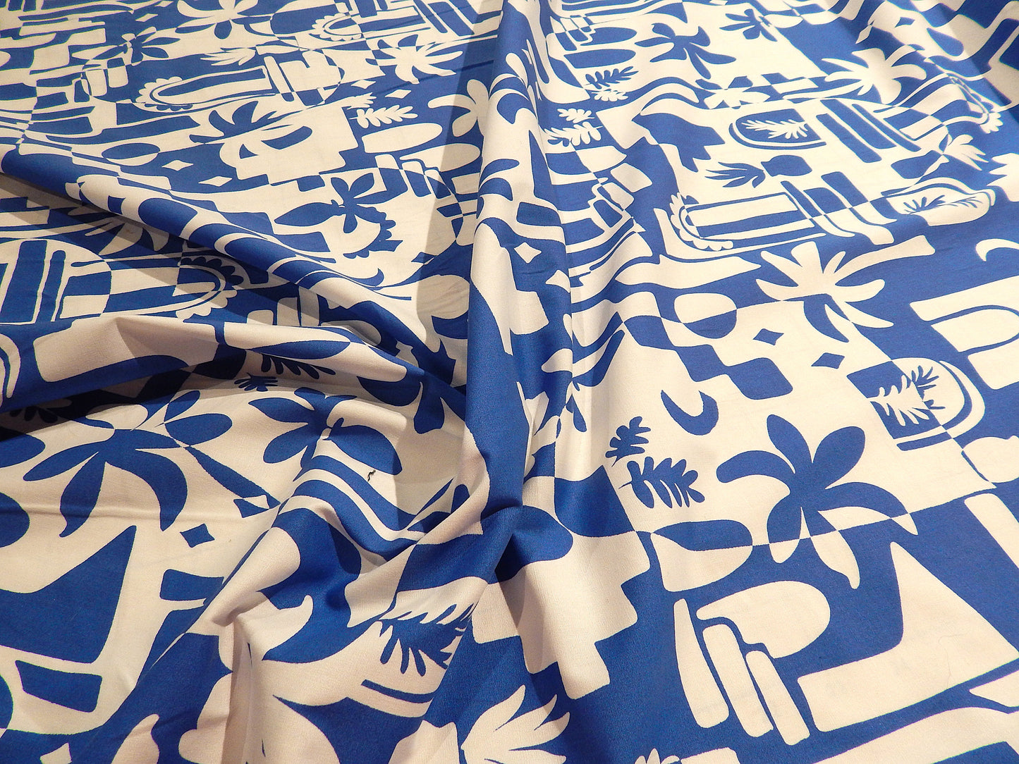 Blue and White Mod Hawaiian Floral Stretch Cotton
