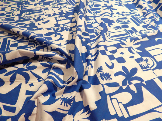Blue and White Mod Hawaiian Floral Stretch Cotton