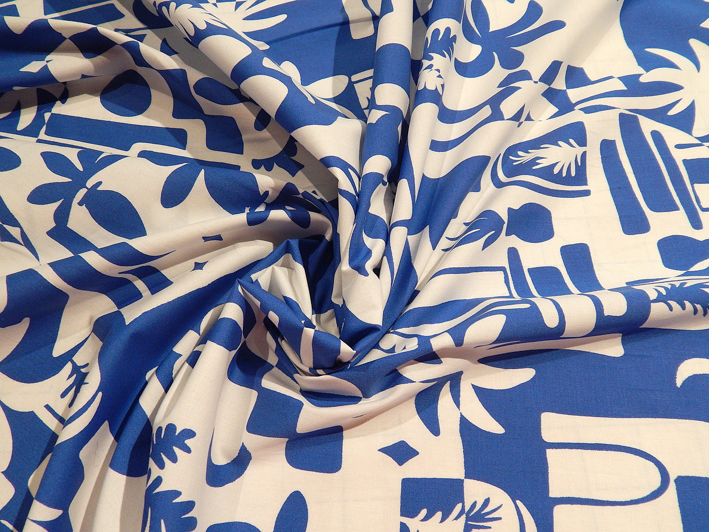 Blue and White Mod Hawaiian Floral Stretch Cotton