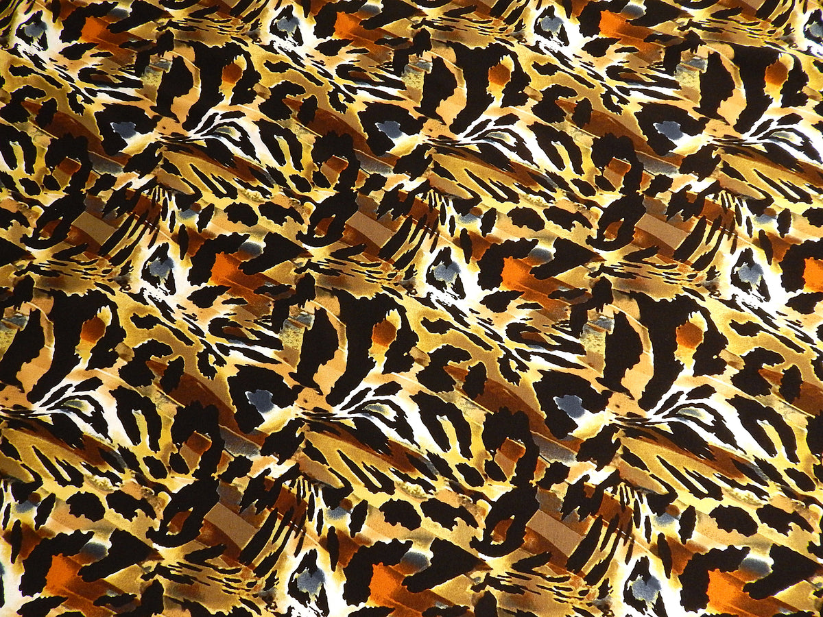 mustard black red blue white cheetah abstract print rayon jersey telio fabric versace