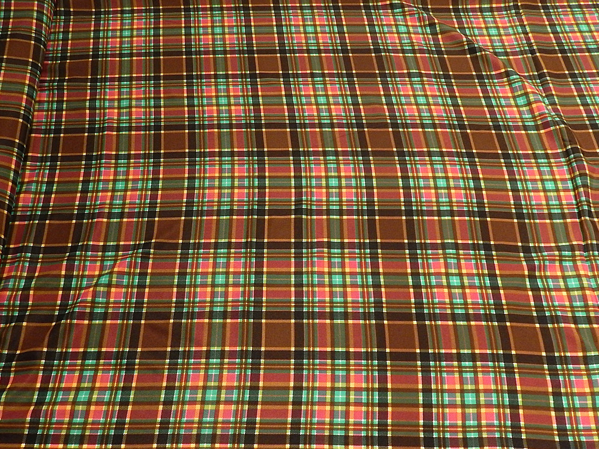 cherry pink chocolate brown and teal plaid satin polyester deadstock fabric