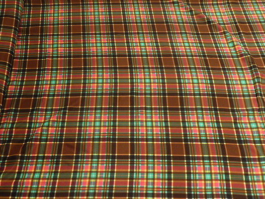 cherry pink chocolate brown and teal plaid satin polyester deadstock fabric