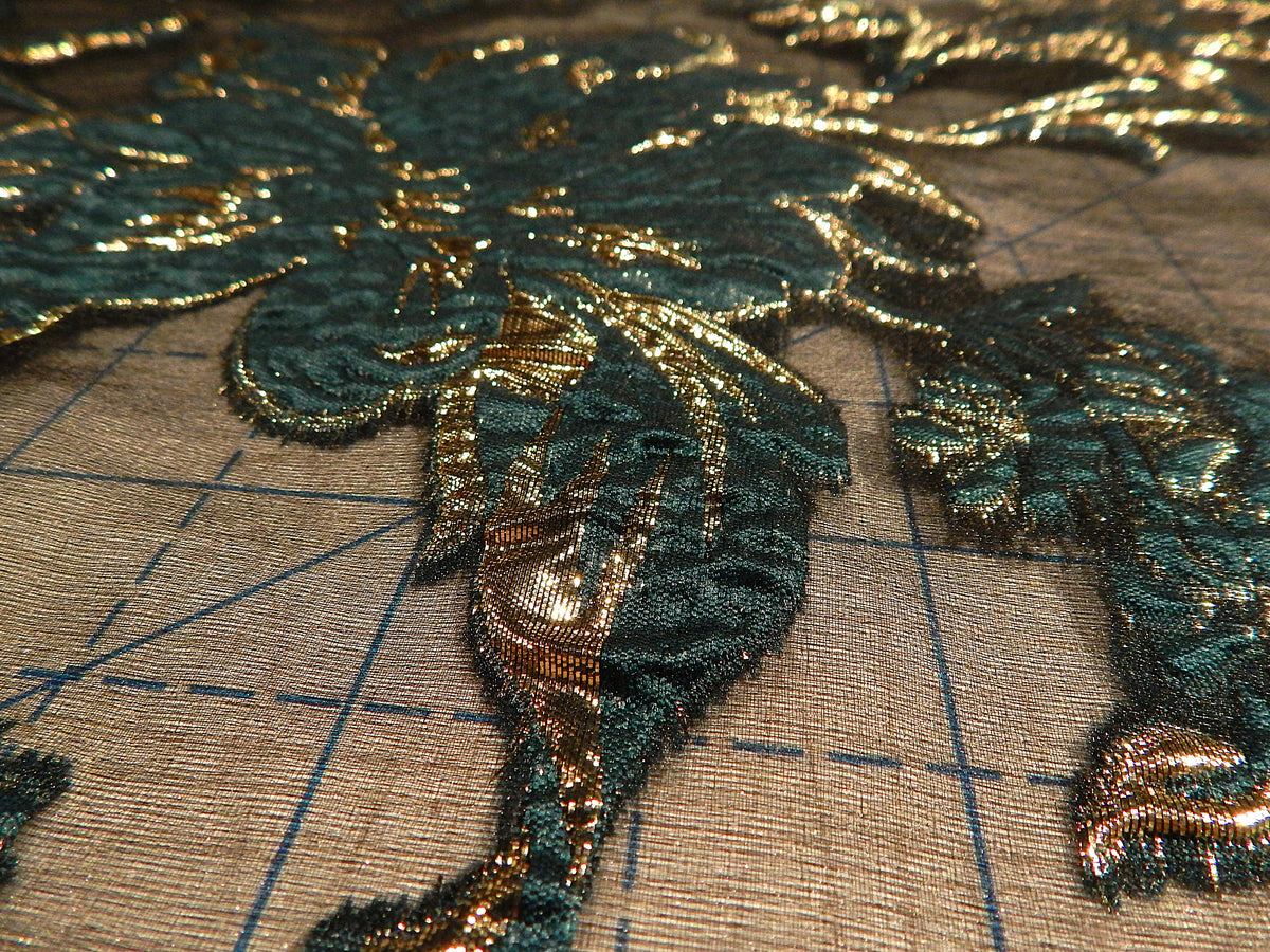 Hunter Green & Gold Brocade Organza