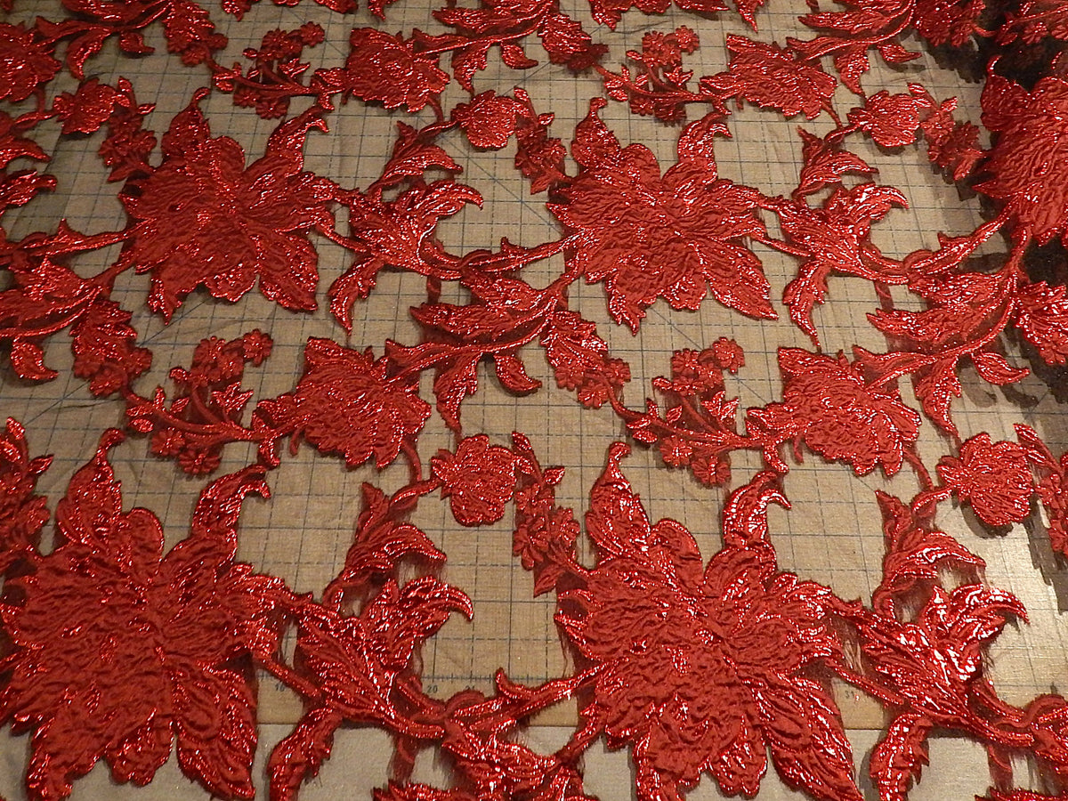 brocade organza red and black see through metallic brocade fabric deadstock formal dress mother groom bride fabric
