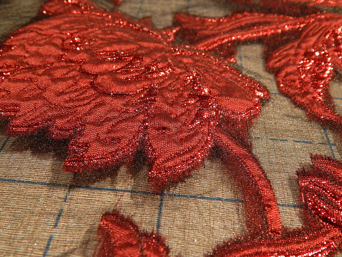 Crimson Red and Black Brocade Organza