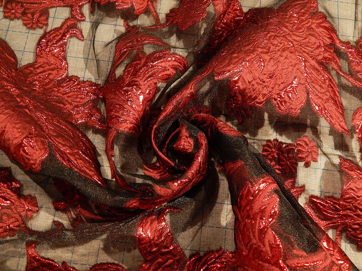 Crimson Red and Black Brocade Organza