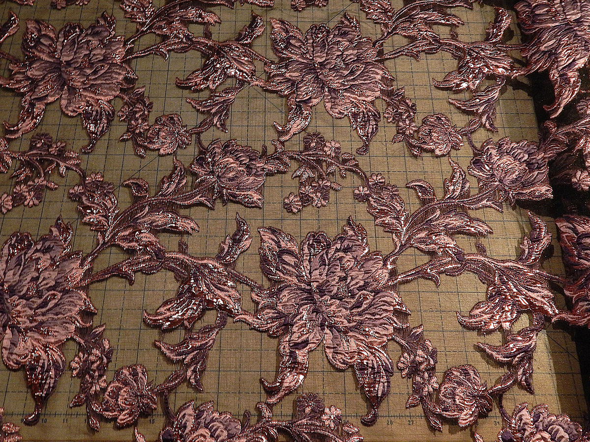 purple pink and black brocade organza deadstock formal fabric