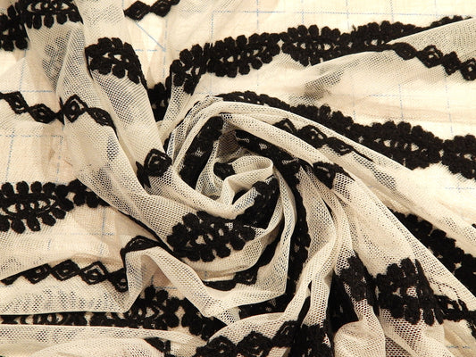 Black and White Embroidered Stripe Mesh