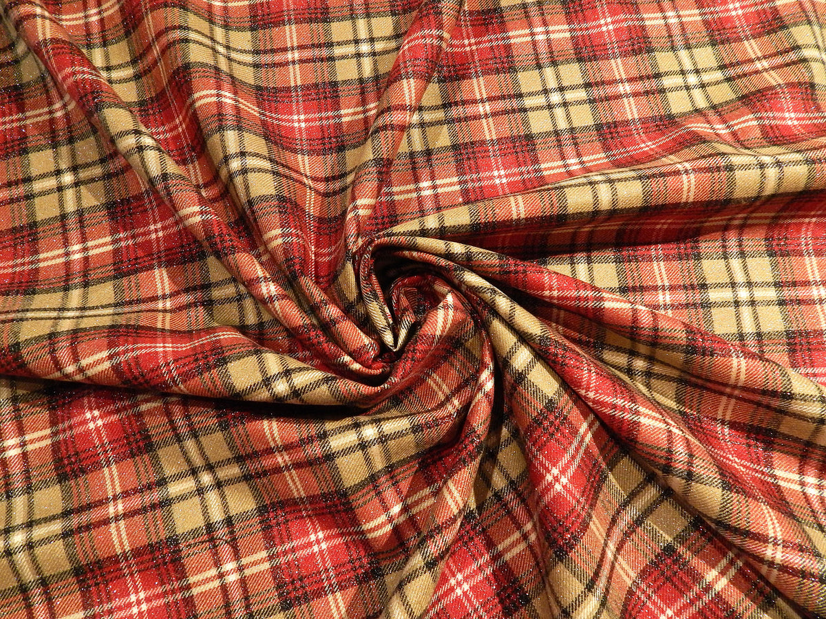 red taupe white and black glittered plaid tartan christmas plaid deadstock flannel suiting fabric