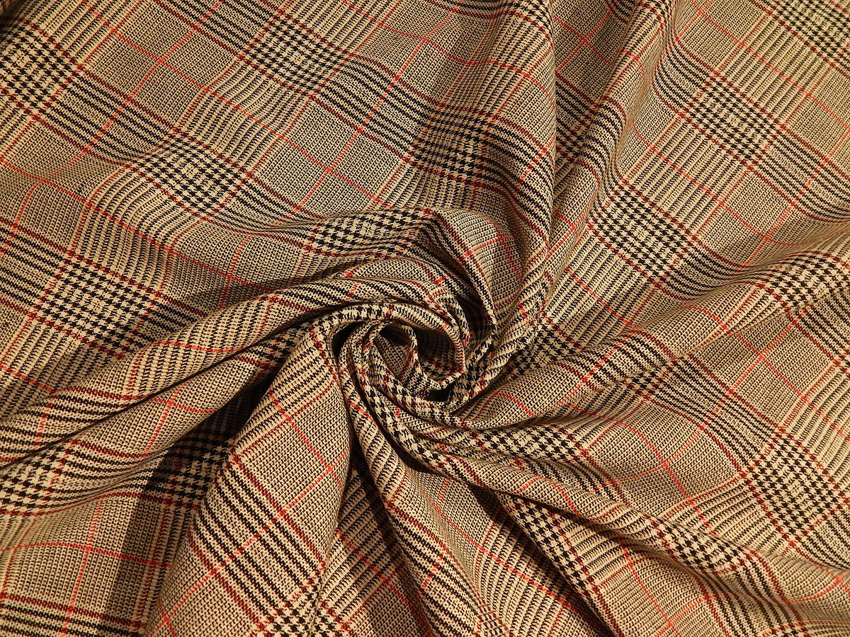red taupe and black polyester and viscose deadstock suiting plaid tartan fabric