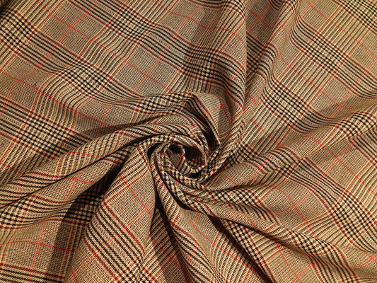 red taupe and black polyester and viscose deadstock suiting plaid tartan fabric