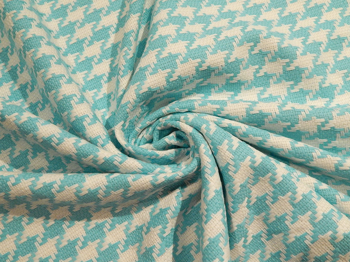 turquoise and white houndstooth tweed woven yarn dyed chanel style fabric