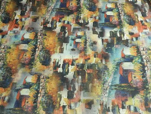 kimono pebble multicolored japanese rustic house and brush abstract painting georgette fabric